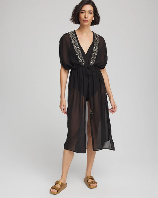 Chico's Women | Miraclesuit® Beach Embroidered Long Kimono BLACK