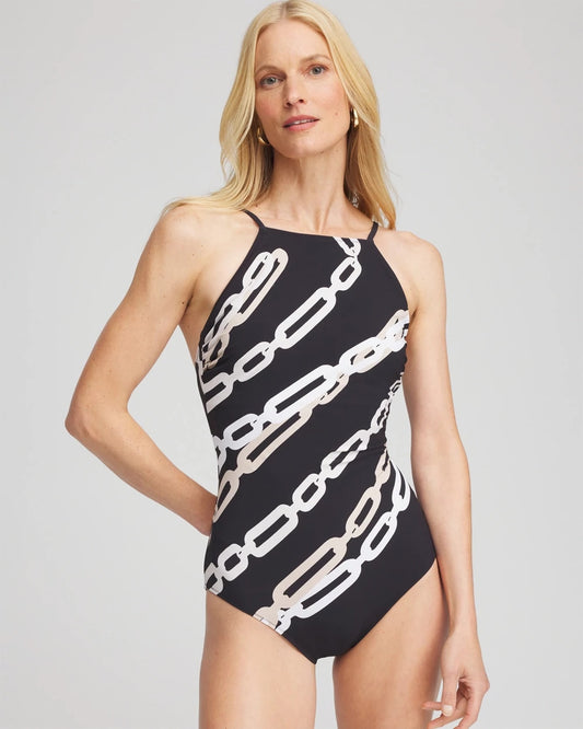 Chico's Women | Gottex High Neck Halter Top Swimsuit BLACK/NATURAL CREAM
