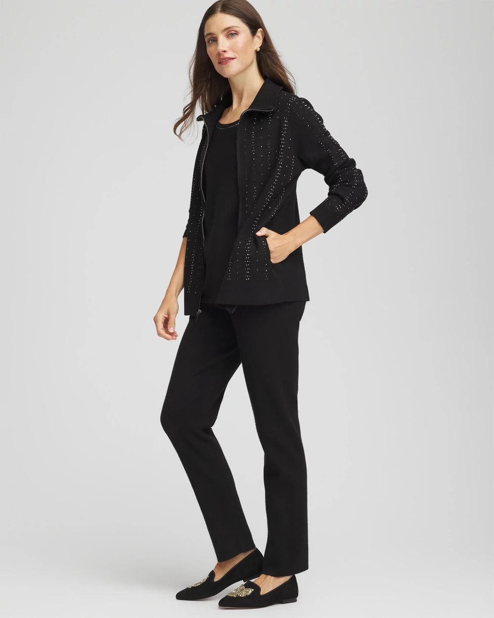 Chico's Women | Zenergy® Luxe Diamante Zip Cardigan BLACK