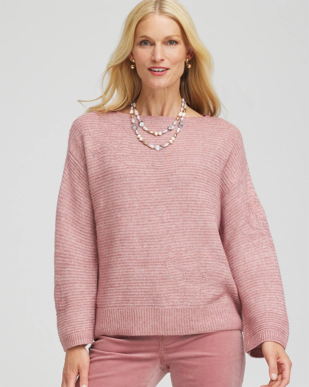 Chico's Women | Tonal Embroidered Boatneck Pullover Sweater DUSTY ROSE