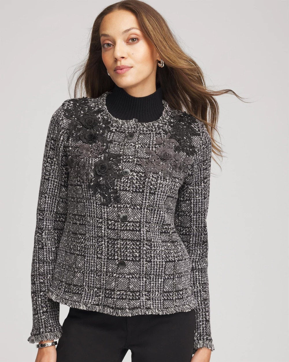 Chico's Women | Embroidered Metallic Tweed Cardigan GRAY
