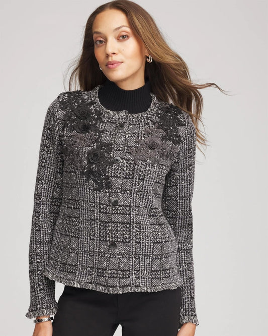 Chico's Women | Embroidered Metallic Tweed Cardigan GRAY