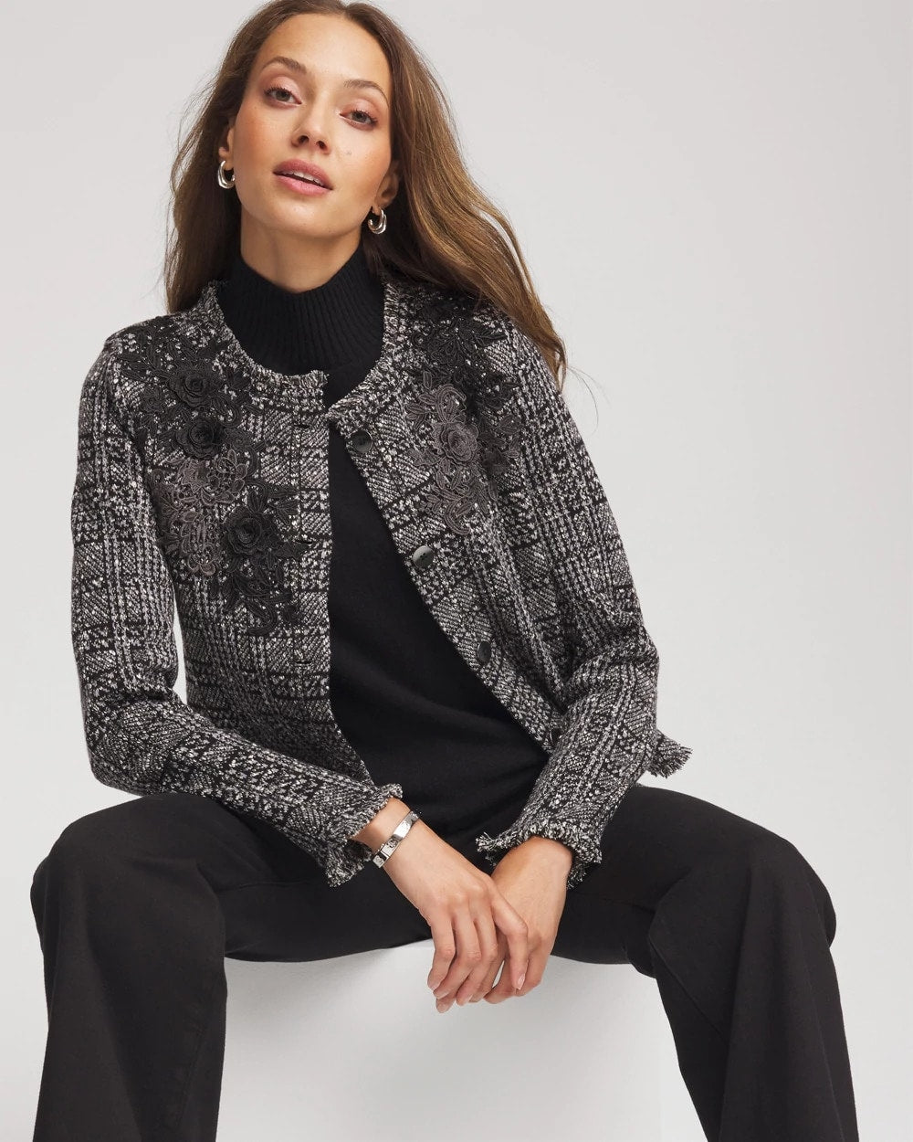 Chico's Women | Embroidered Metallic Tweed Cardigan GRAY