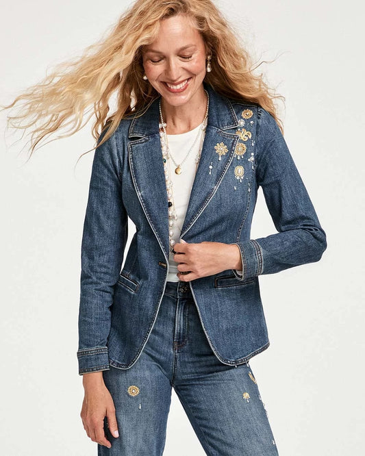 Chico's Women | Pearl Brooch Denim Blazer KIRUNA INDIGO