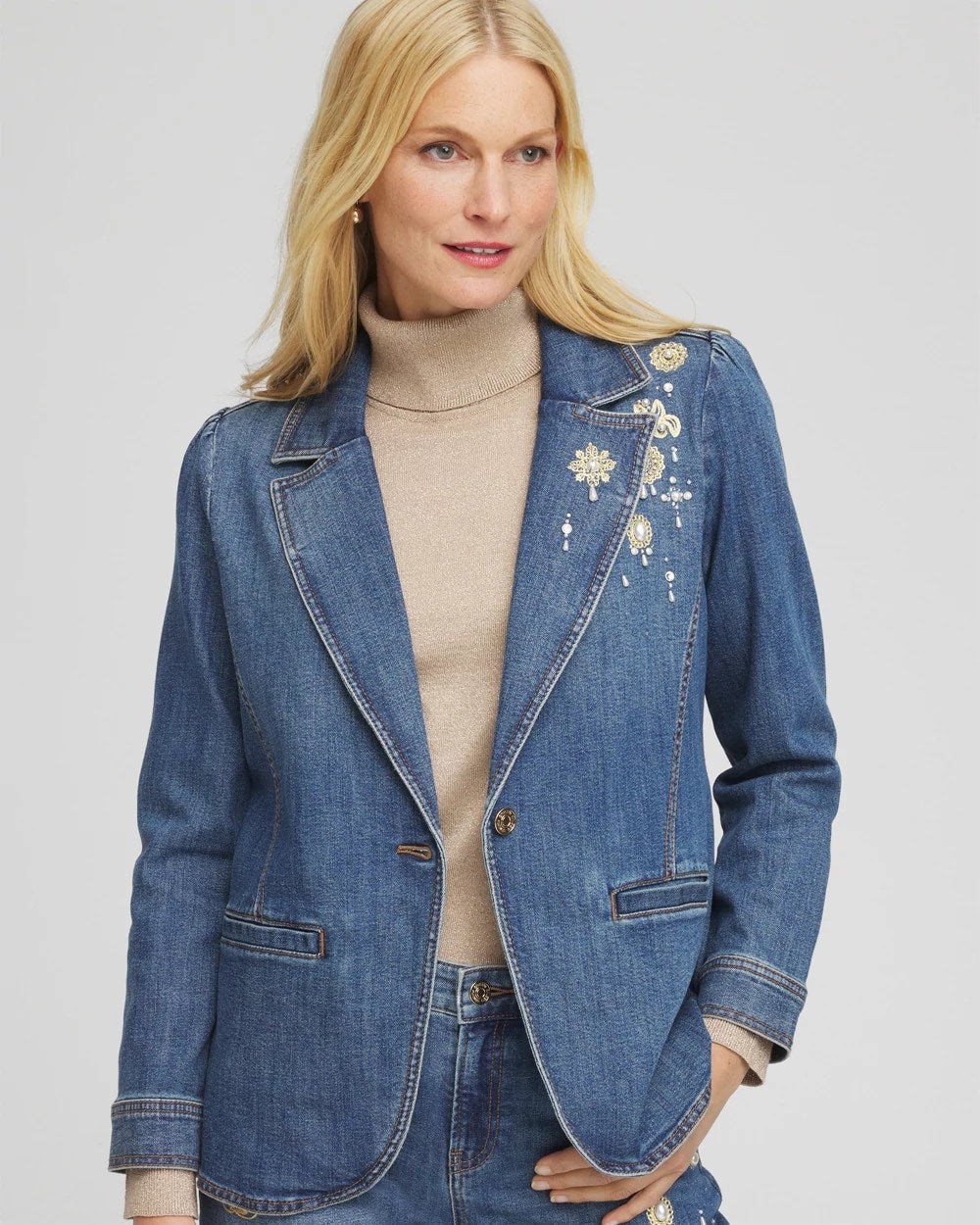 Chico's Women | Pearl Brooch Denim Blazer KIRUNA INDIGO