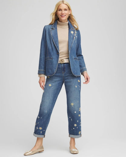 Chico's Women | Pearl Brooch Denim Blazer KIRUNA INDIGO