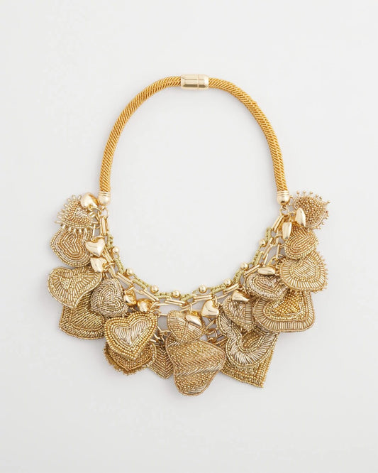 Chico's Women | Gold Beaded Heart Charm Bib Necklace GOLD