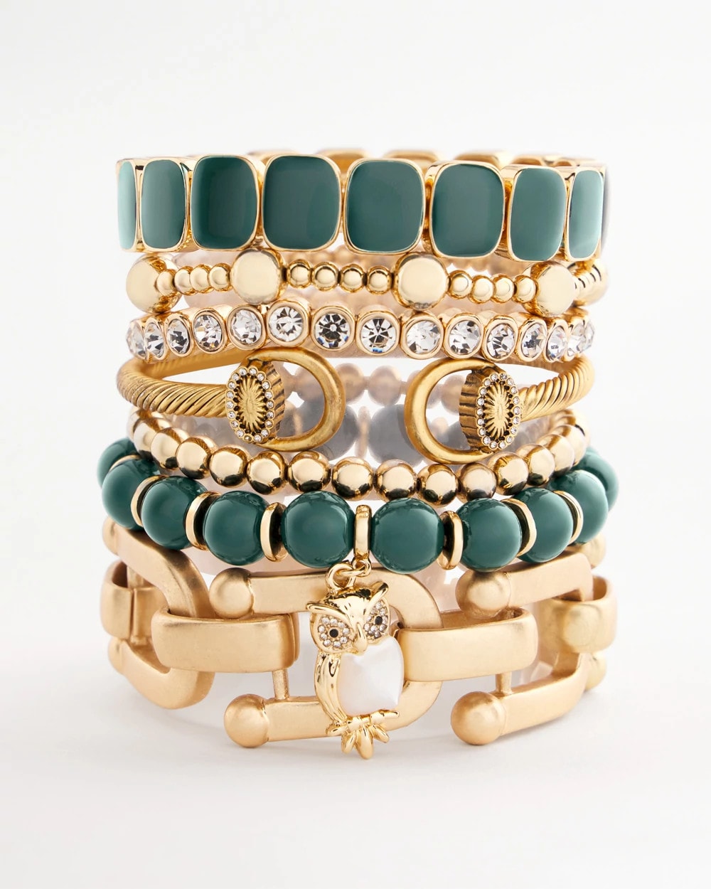 Chico's Women | Green & Gold Beaded Charm Bracelet DARKEST SPRUCE