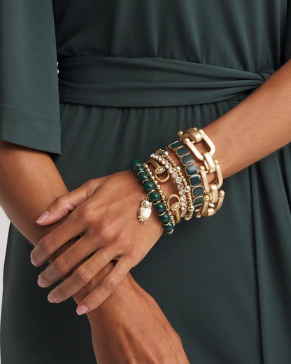 Chico's Women | Green & Gold Beaded Charm Bracelet DARKEST SPRUCE