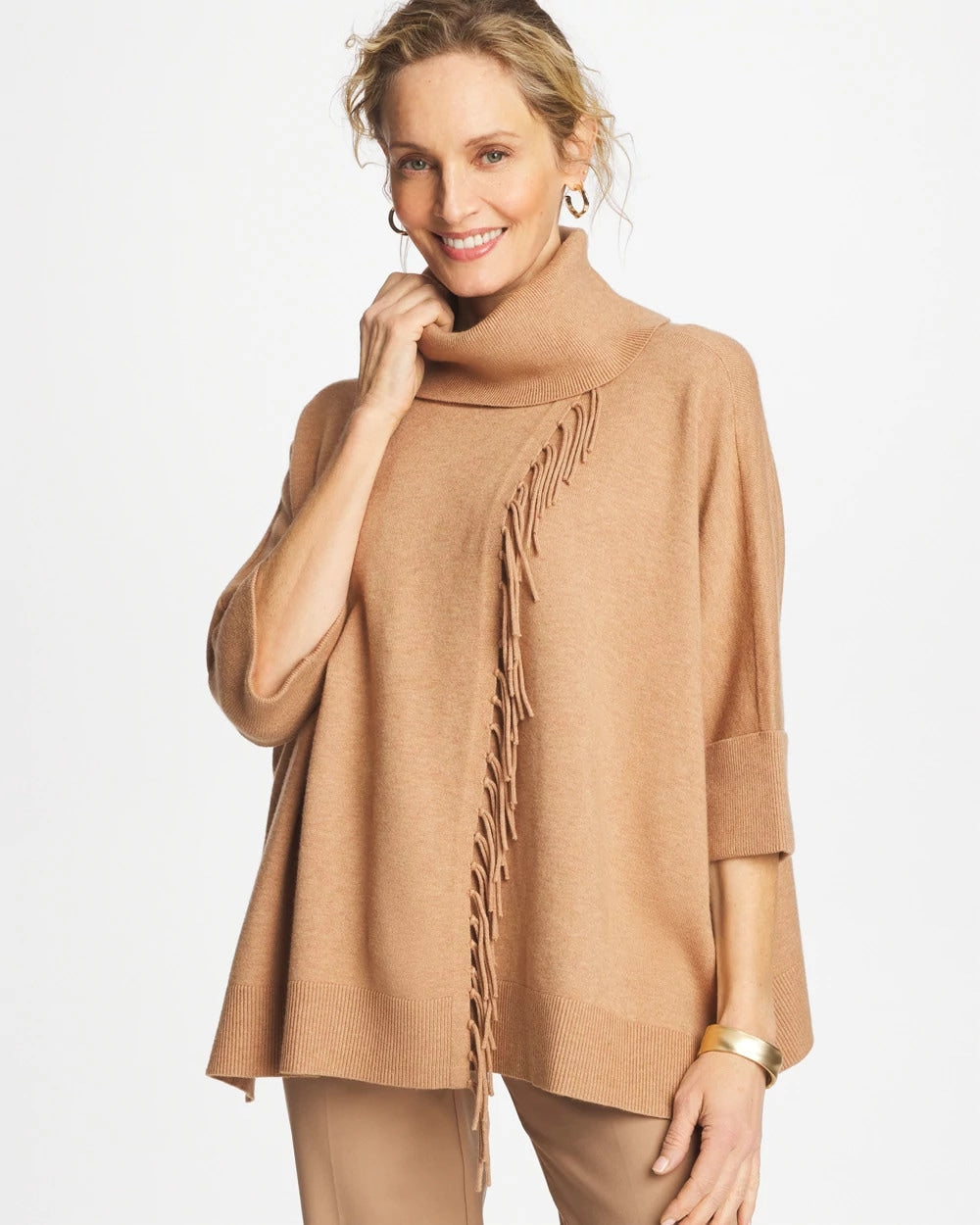 Chico's Women | Cowlneck Knit Fringe Poncho FAUX CREME COFFEE HEATHER