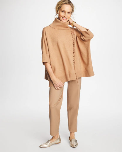 Chico's Women | Cowlneck Knit Fringe Poncho FAUX CREME COFFEE HEATHER