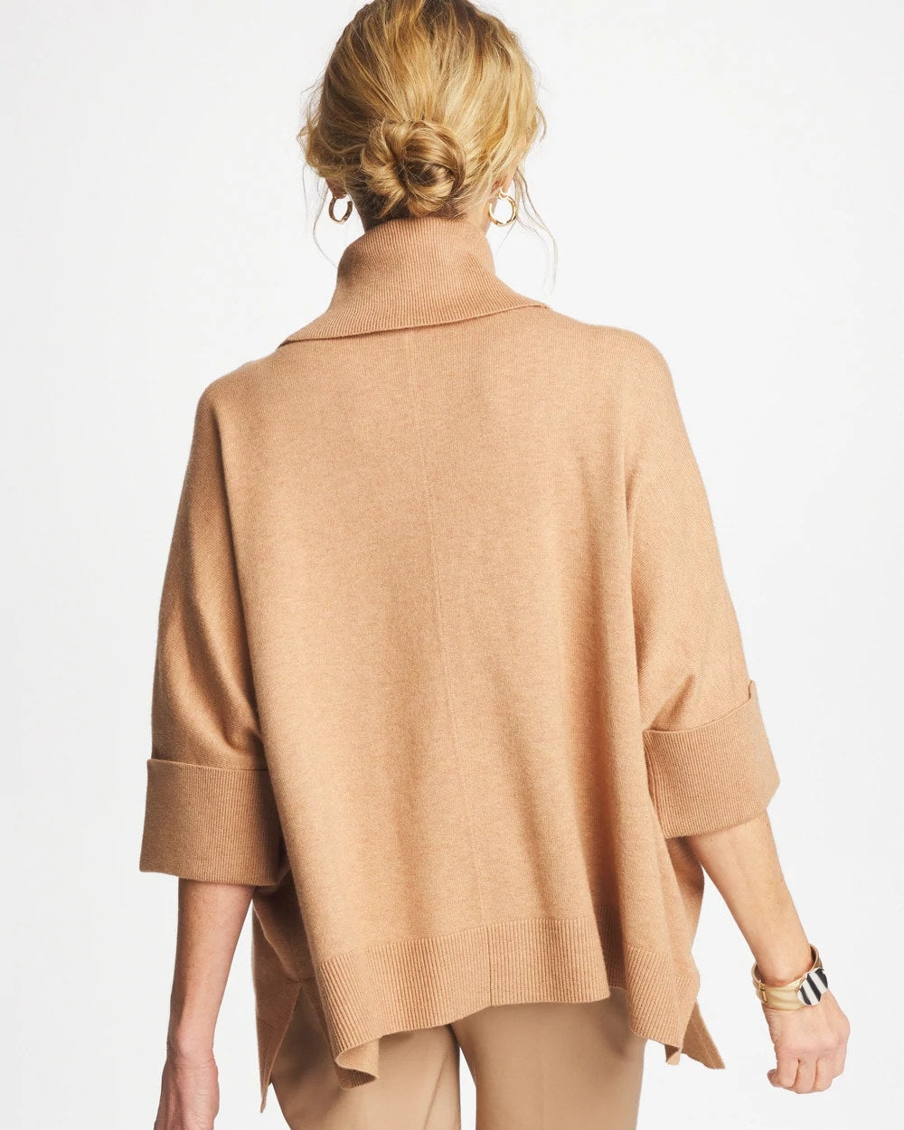 Chico's Women | Cowlneck Knit Fringe Poncho FAUX CREME COFFEE HEATHER