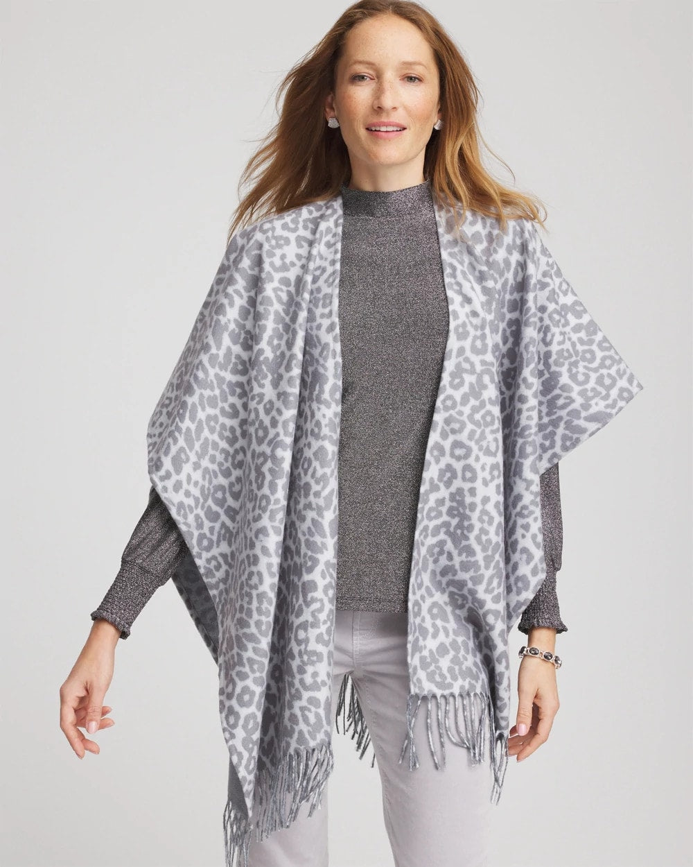 Chico's Women | Reversible Animal Print Fringe Ruana STORM CLOUD