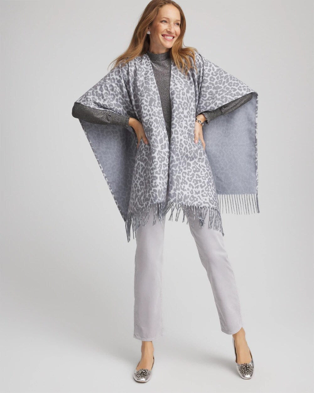 Chico's Women | Reversible Animal Print Fringe Ruana STORM CLOUD