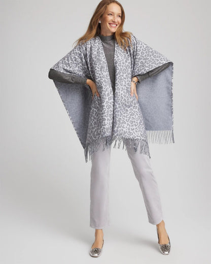 Chico's Women | Reversible Animal Print Fringe Ruana STORM CLOUD