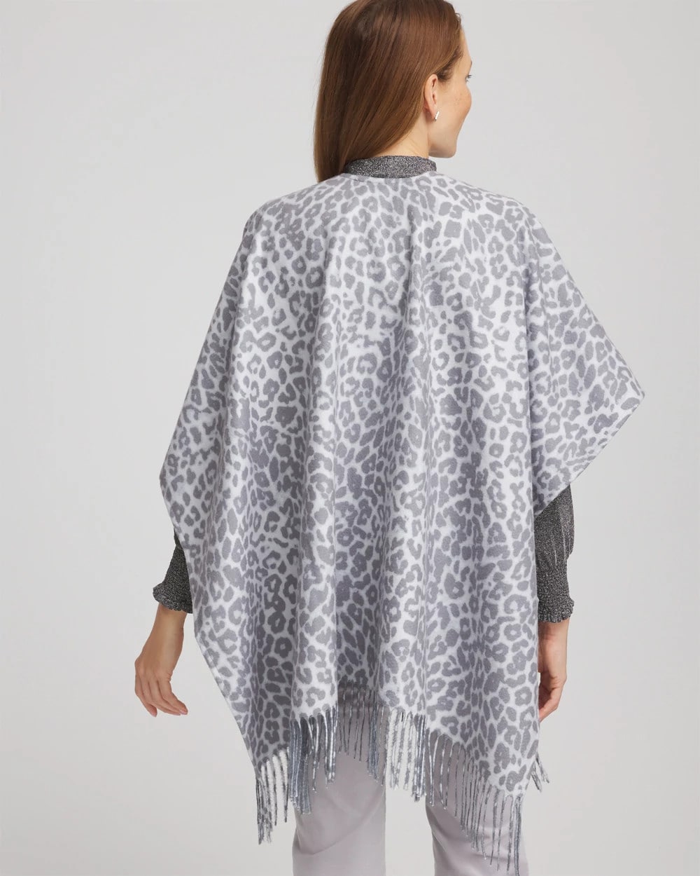 Chico's Women | Reversible Animal Print Fringe Ruana STORM CLOUD