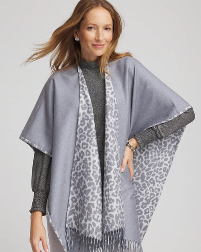 Chico's Women | Reversible Animal Print Fringe Ruana STORM CLOUD