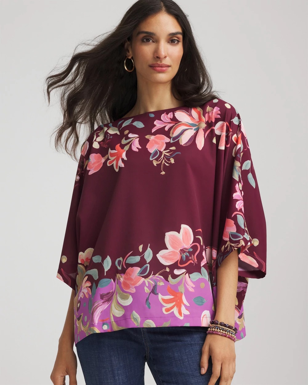 Chico's Women | Printed Boatneck Pullover Poncho DEEP CHIANTI