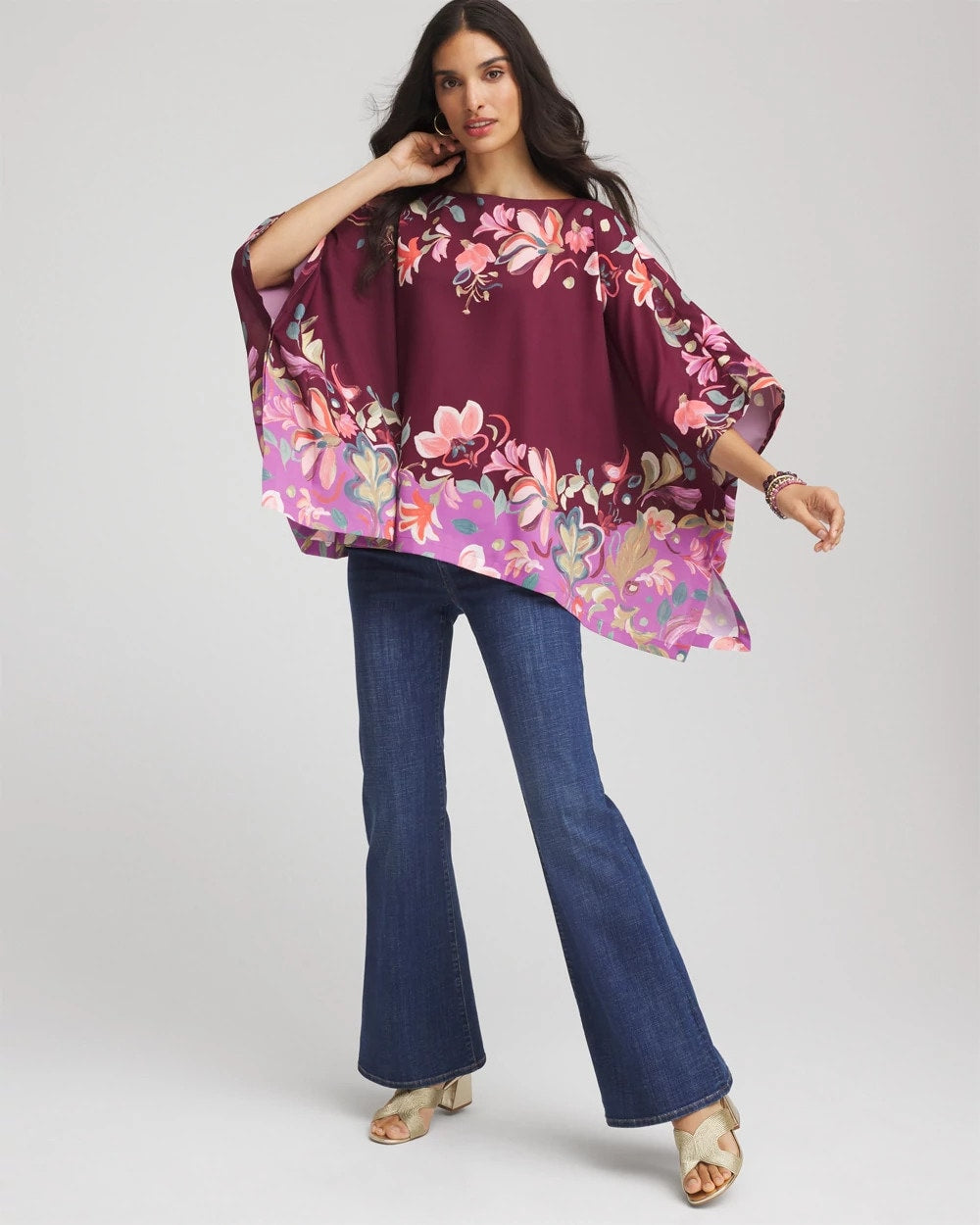 Chico's Women | Printed Boatneck Pullover Poncho DEEP CHIANTI