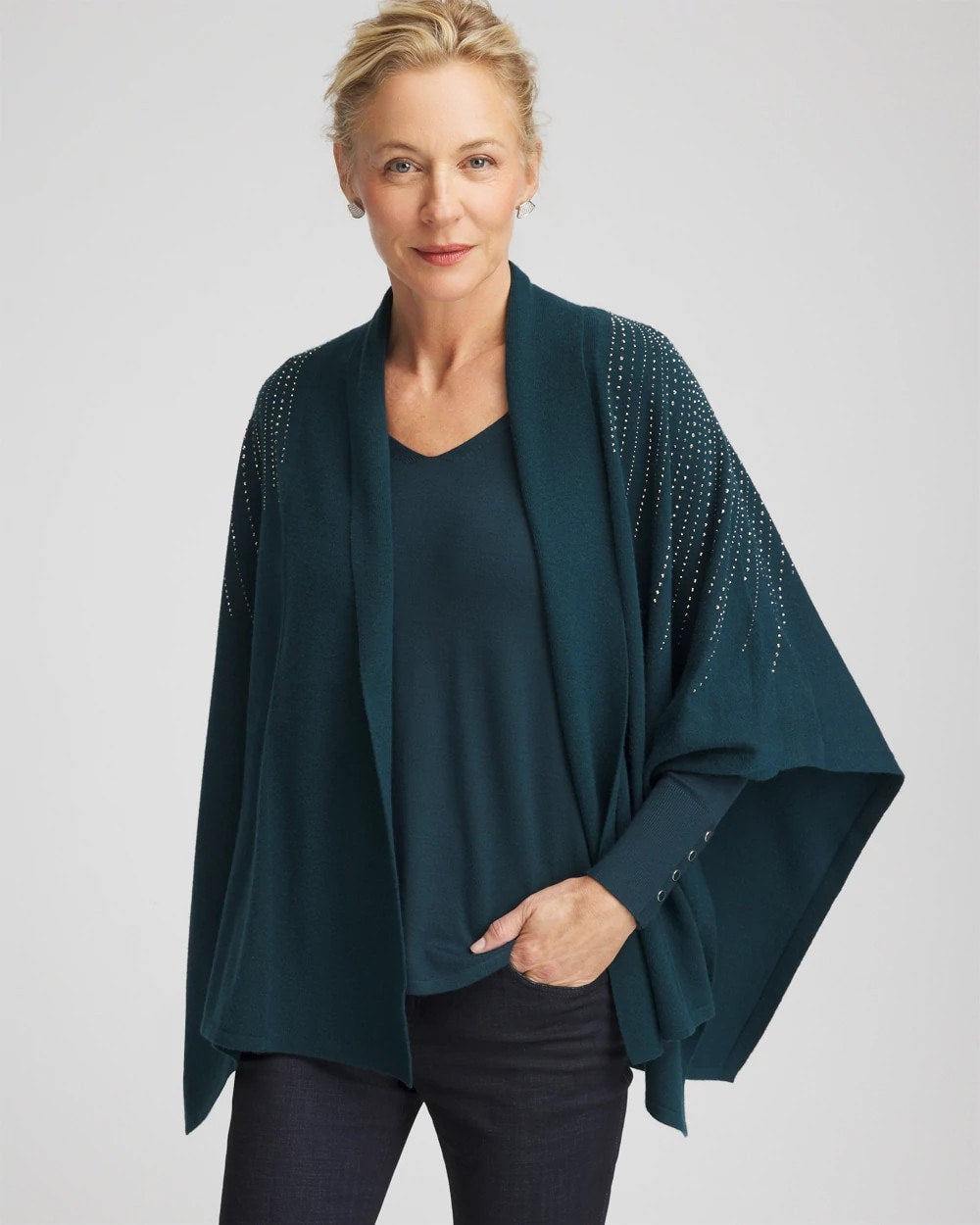 Chico's Women | Embellished Shawl Collar Ruana TEAL SHADOW