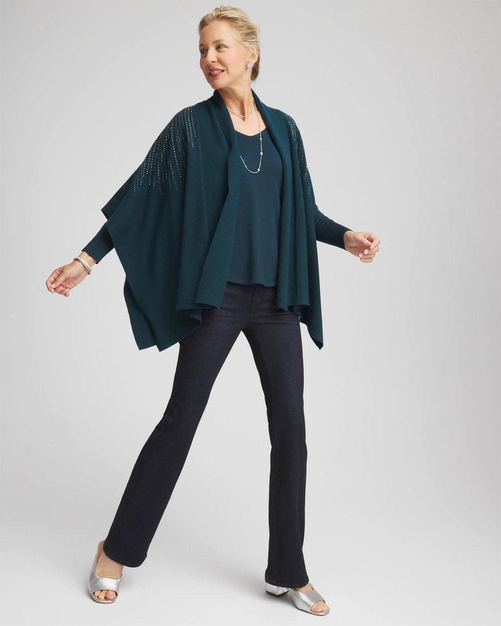 Chico's Women | Embellished Shawl Collar Ruana TEAL SHADOW