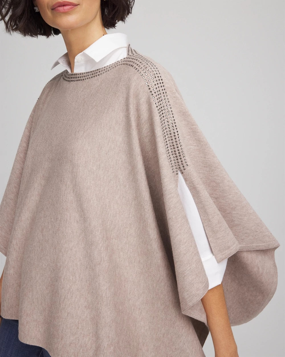 Chico's Women | Rhinestone Embellished Poncho LIGHT TAUPE HEATHER