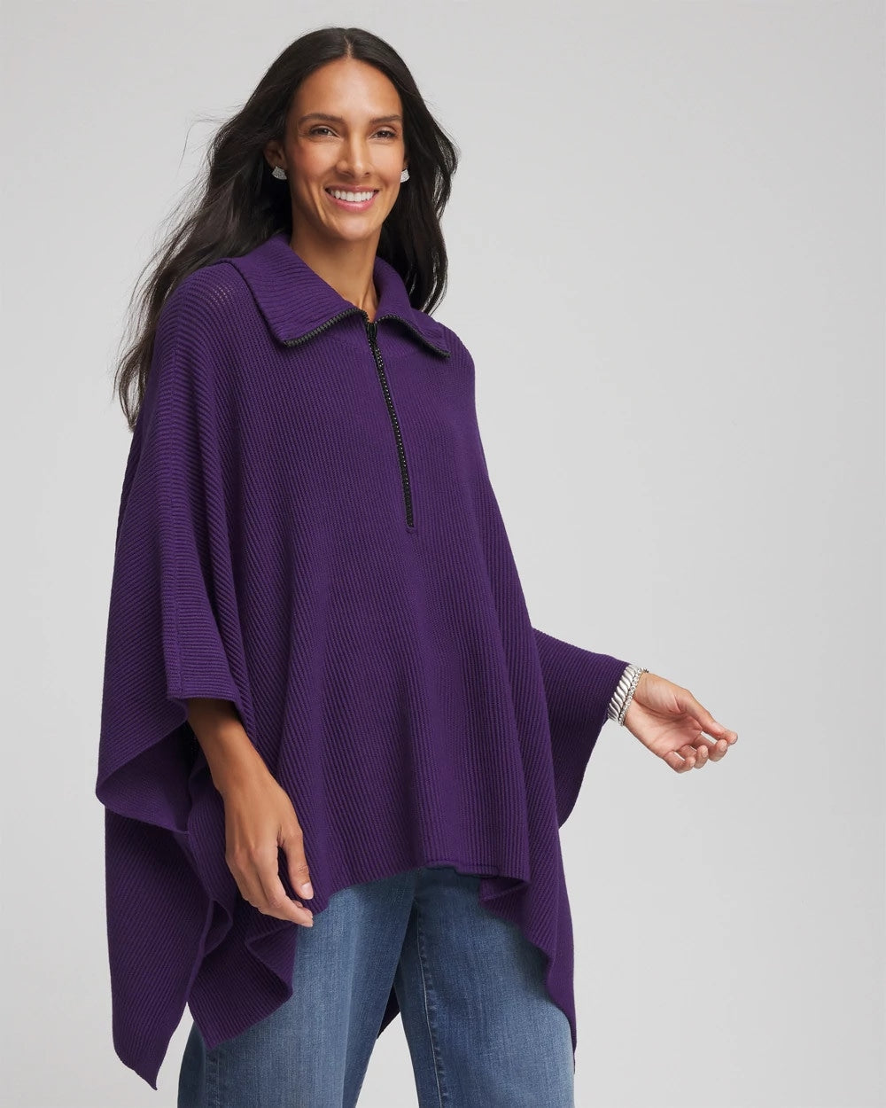 Chico's Women | Rhinestone Zip-Collar Sweater Poncho PURPLE ELIXIR
