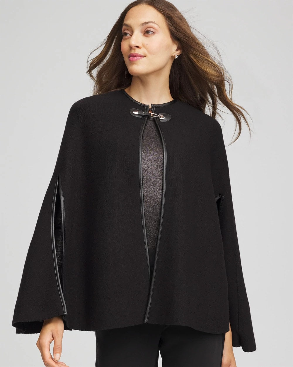 Chico's Women | Faux Leather Trim Cape BLACK