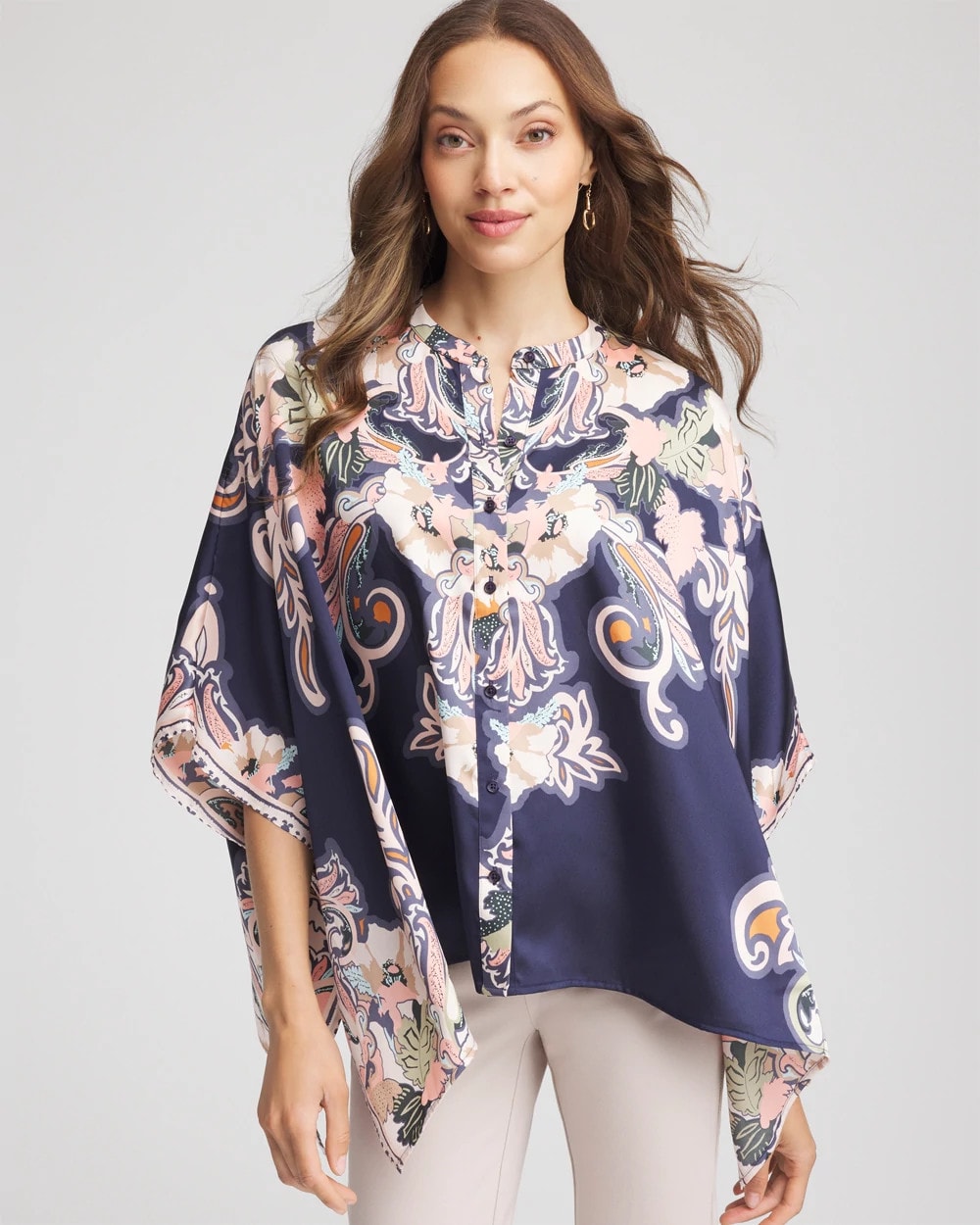Chico's Women | Collarless Floral-Paisley Poncho PASSPORT BLUE
