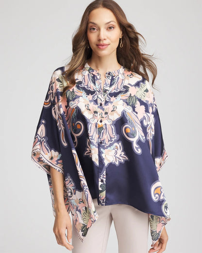 Chico's Women | Collarless Floral-Paisley Poncho PASSPORT BLUE
