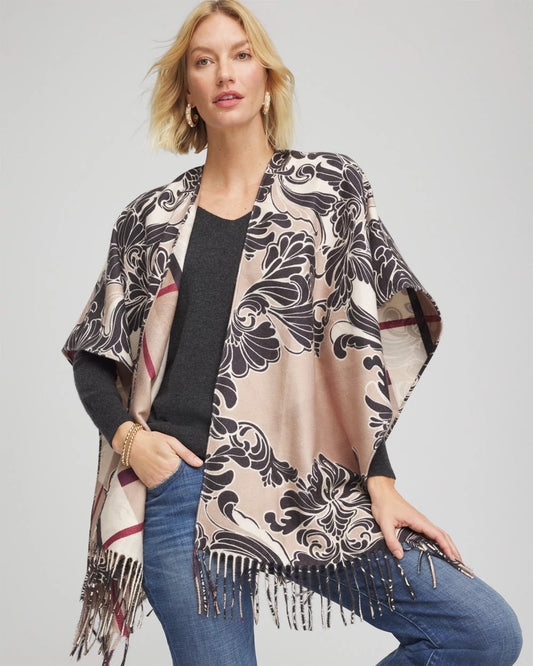 Chico's Women | Reversible Printed Fringe Ruana CHAMPAGNE FIZZ