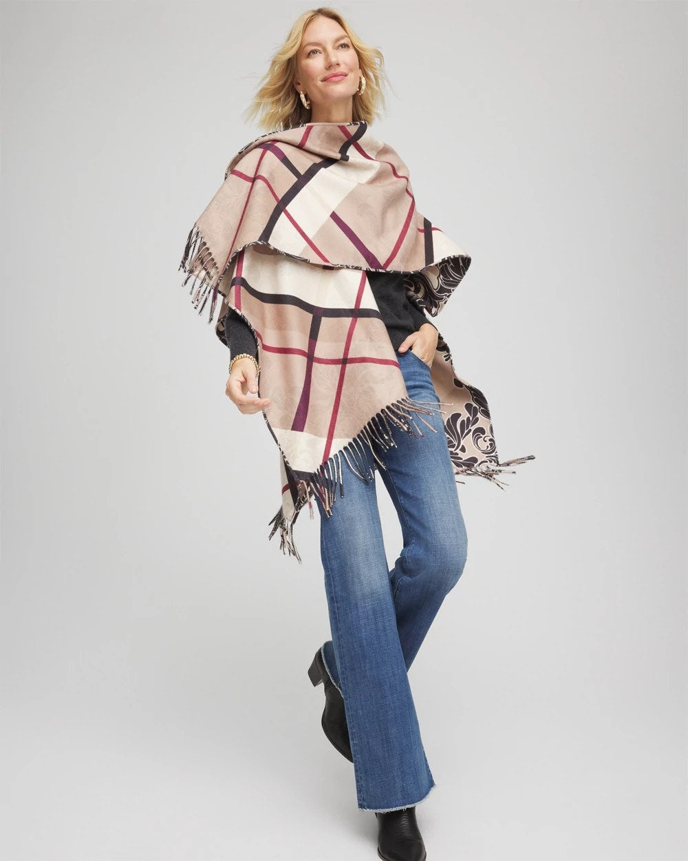 Chico's Women | Reversible Printed Fringe Ruana CHAMPAGNE FIZZ
