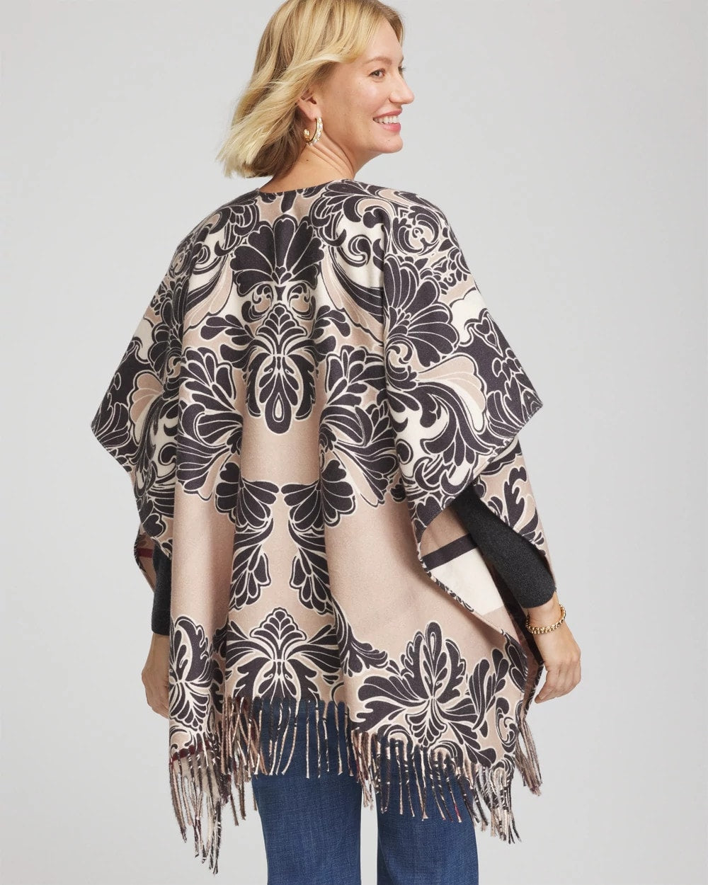 Chico's Women | Reversible Printed Fringe Ruana CHAMPAGNE FIZZ
