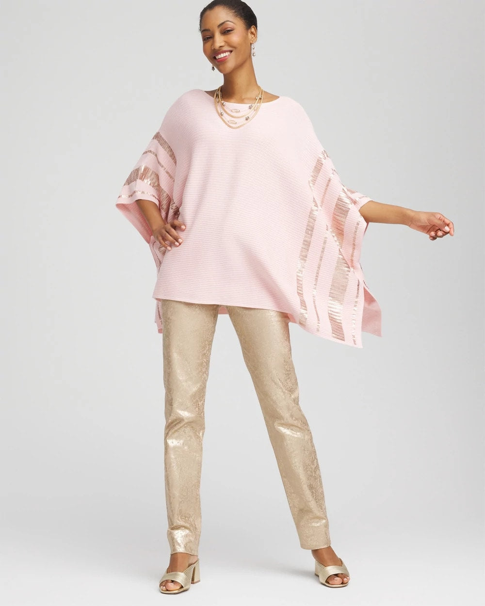 Chico's Women | Sequin Striped Sweater Poncho BLUSHED