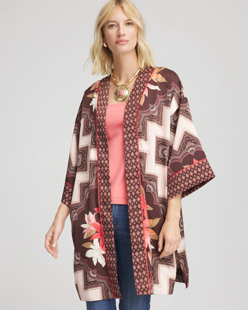 Chico's Women | Long Mixed-Print Kimono CACAO