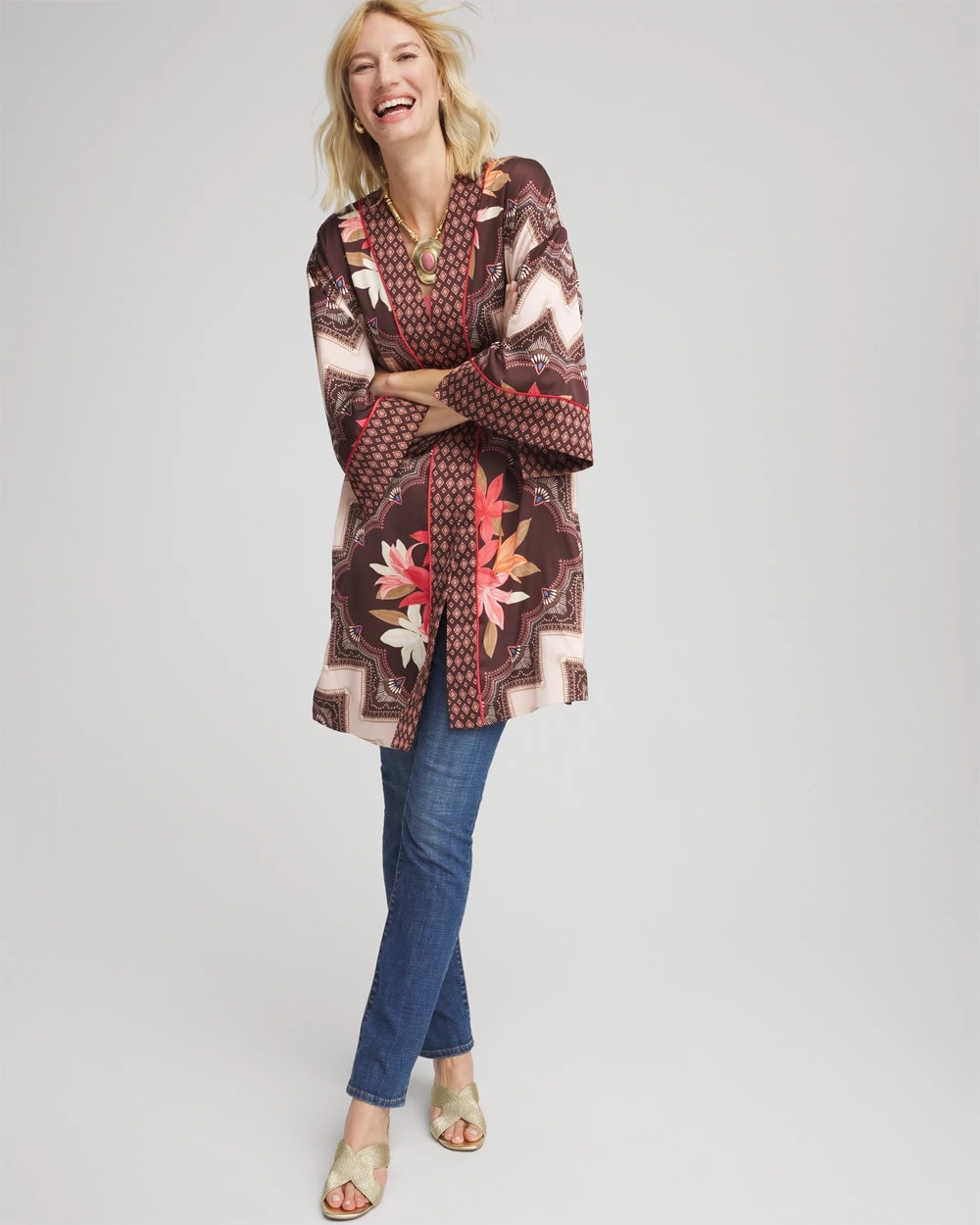 Chico's Women | Long Mixed-Print Kimono CACAO
