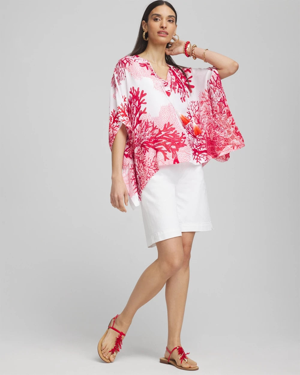 Chico's Women | Coral Reef Motif Poncho RED GLOW