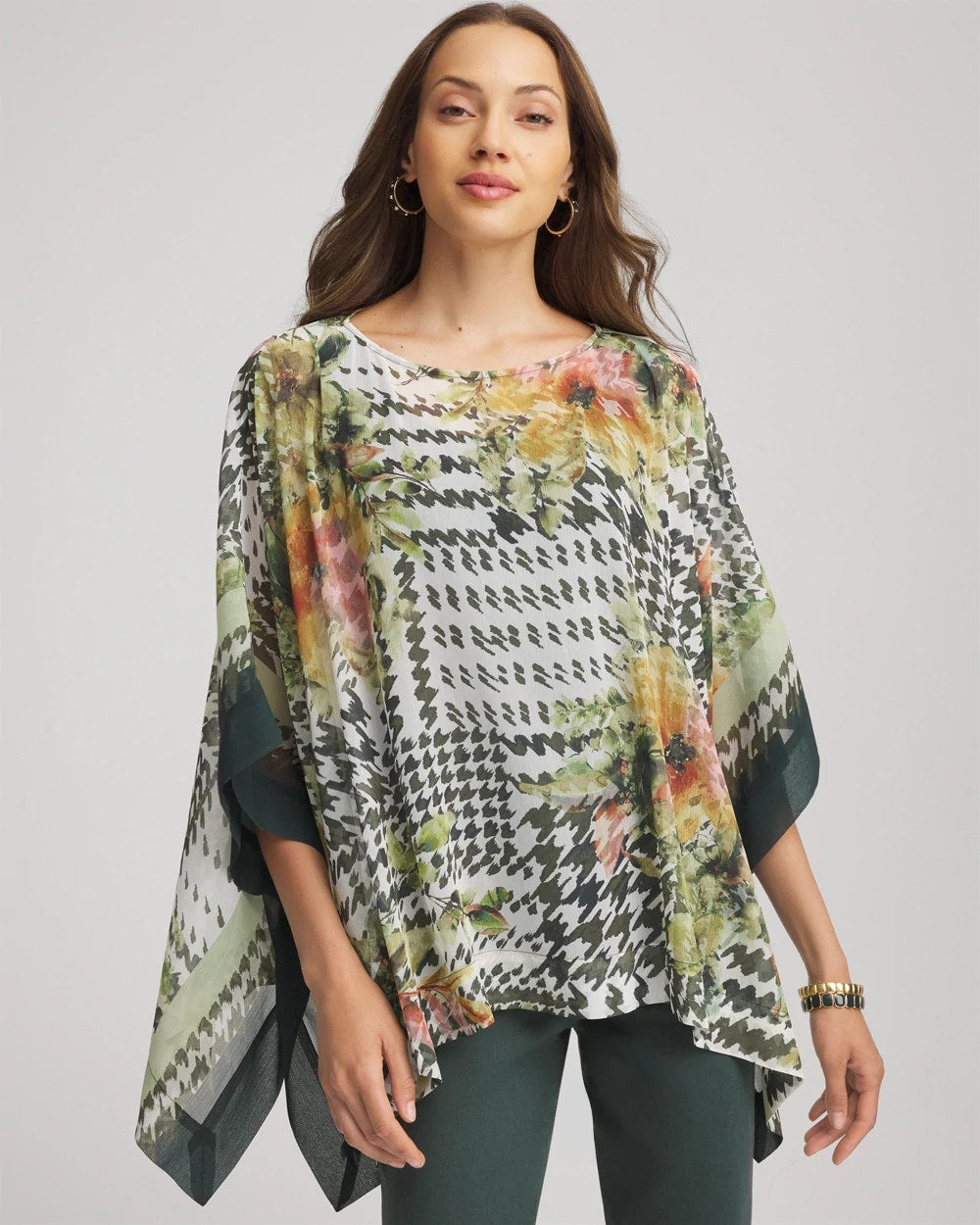 Chico's Women | Printed Crinkle-Chiffon Pullover Poncho NETTLE LEAF