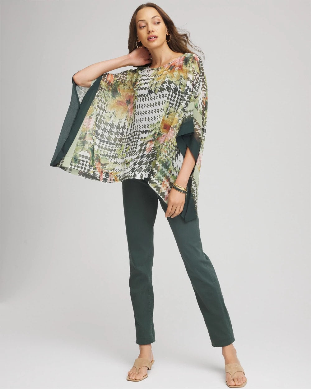 Chico's Women | Printed Crinkle-Chiffon Pullover Poncho NETTLE LEAF