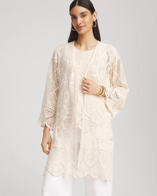 Chico's Women | Cutwork Crochet-Lace Long Kimono GLISTENING SAND
