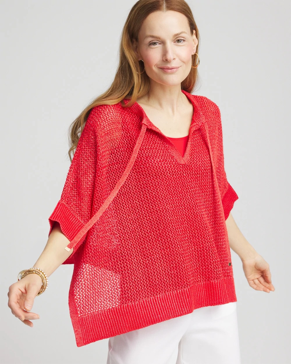 Chico's Women | Sequin Open Knit Poncho RED GLOW