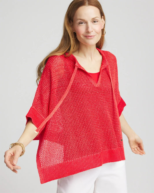 Chico's Women | Sequin Open Knit Poncho RED GLOW