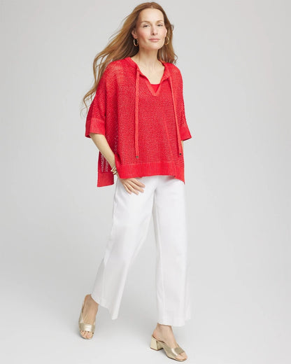 Chico's Women | Sequin Open Knit Poncho RED GLOW
