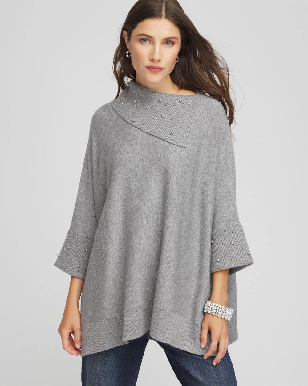 Chico's Women | Embellished Sweater Poncho MOON SHADE GRAY HEATHER