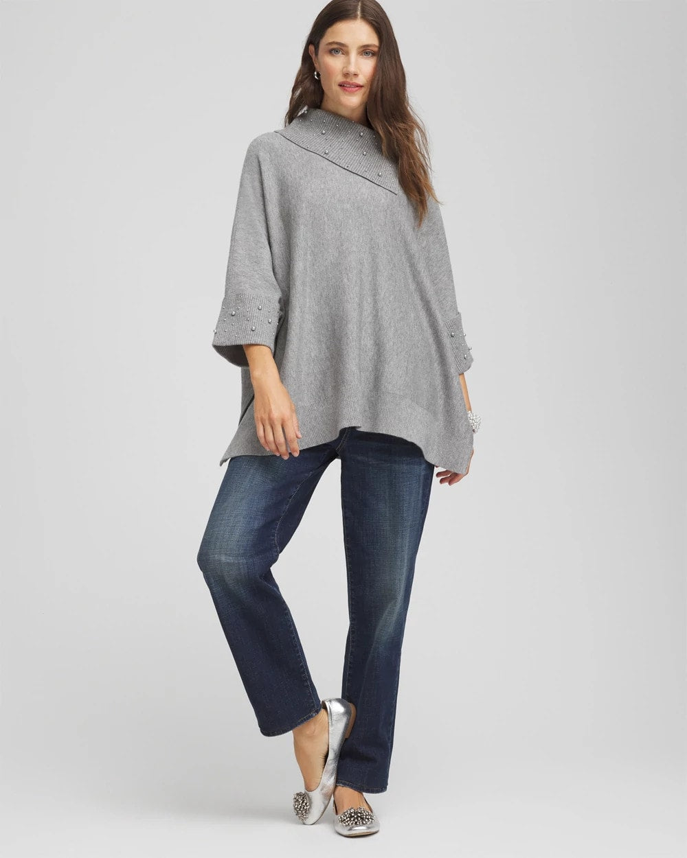 Chico's Women | Embellished Sweater Poncho MOON SHADE GRAY HEATHER