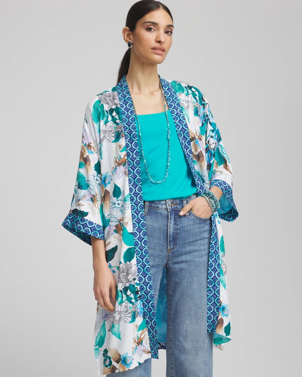 Chico's Women | Island Motif Long Kimono TEAL WATERS