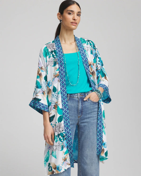 Chico's Women | Island Motif Long Kimono TEAL WATERS