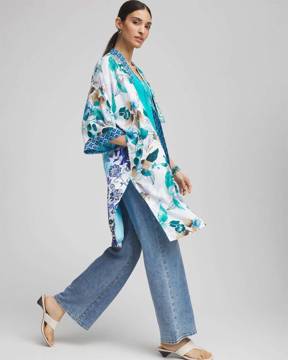 Chico's Women | Island Motif Long Kimono TEAL WATERS