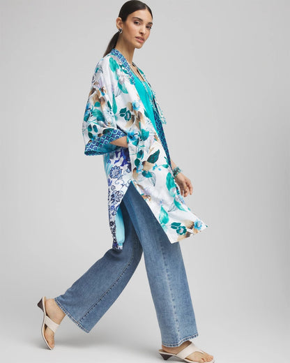 Chico's Women | Island Motif Long Kimono TEAL WATERS
