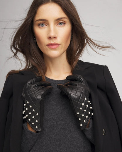 Chico's Women | Leather Pearl Quilted Gloves BLACK